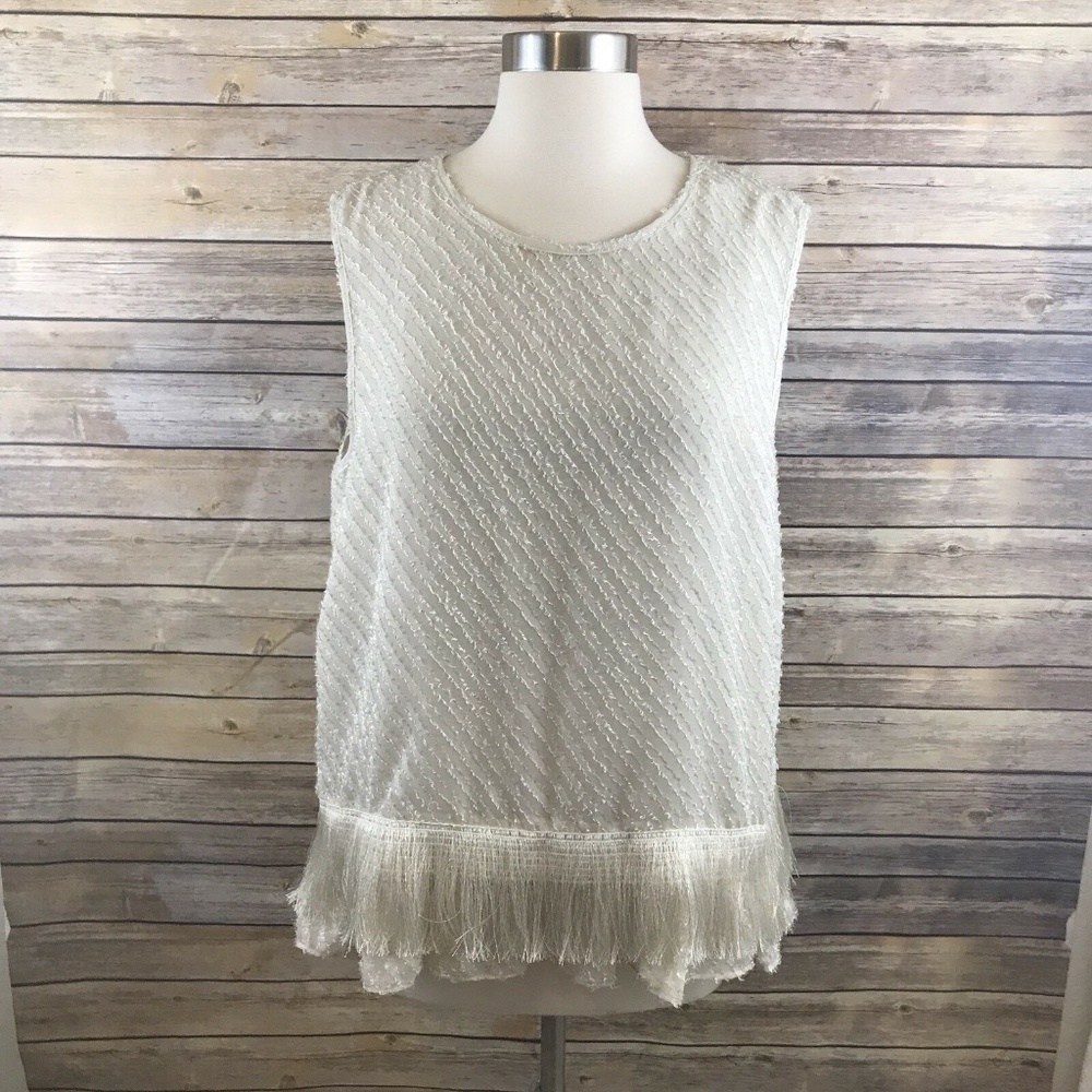 Max Studio Sleeveless Fringe Top In Natural Size L